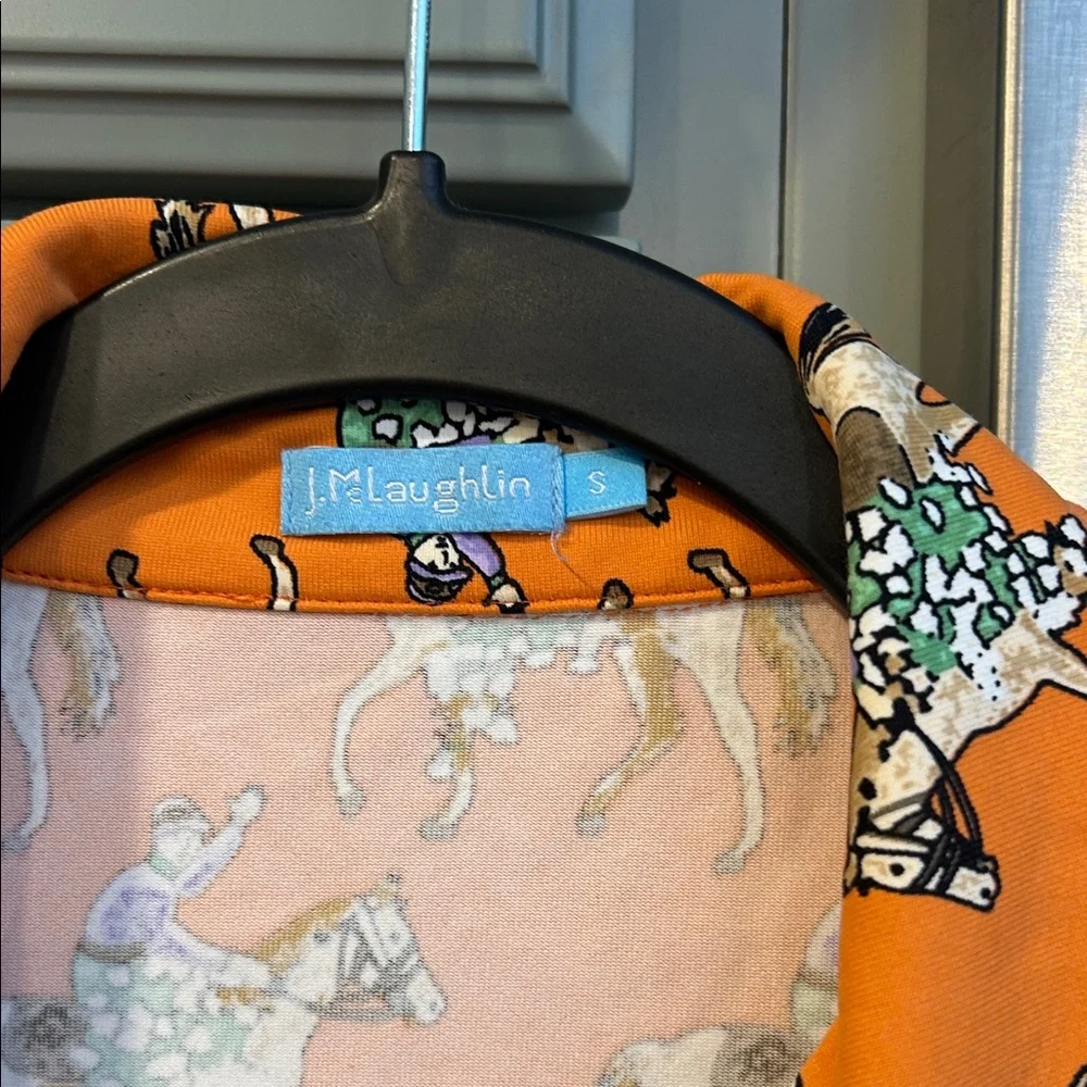 J. McLaughlin Orange Polo Shirt with Jockey Horse Derby Equestrian Print Small